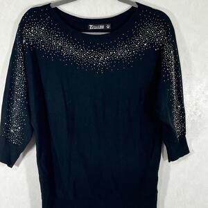 7th Ave NY Evening Wear Rhinestone Sweater Dolman Sleeve Black/Silver Medium